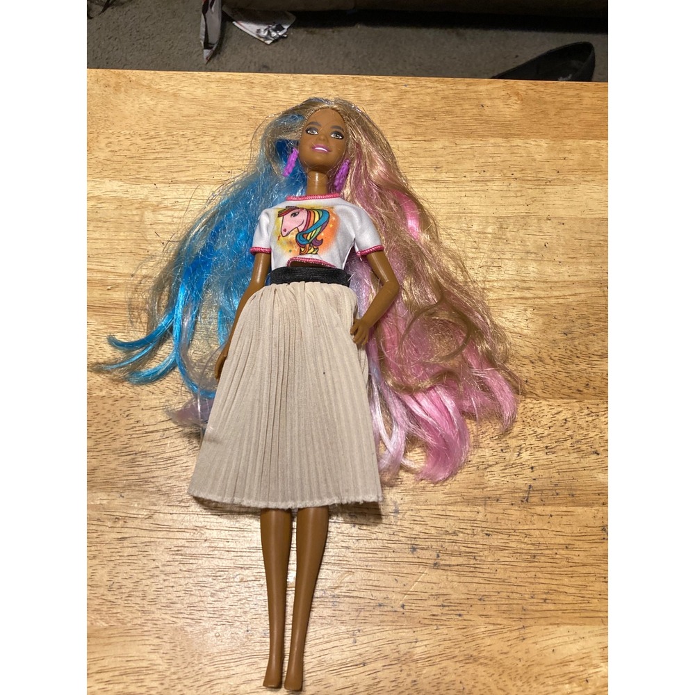 Mattel Barbie Doll Fantasy Hair Blue Pink Tinsel Medium Dark Skin